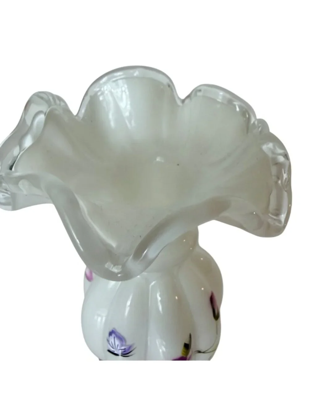 Romantic White Glass Bud Vase Hand Painted VTG Purple Floral Ruffle Rim 8.5” - Picture 8 of 16